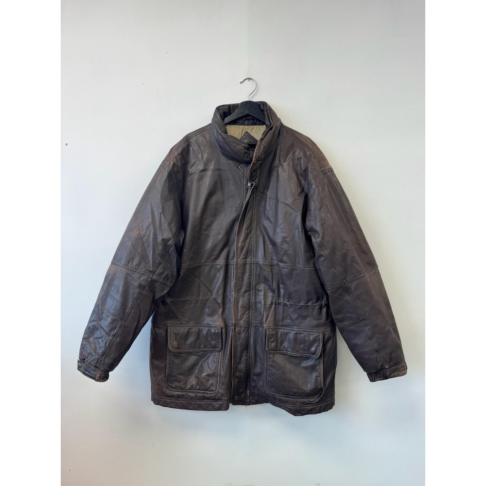 VTG Eddie Bauer Jacket‎ Mens 2XLT Brown Leather Goose Down Insulated Coat Parka